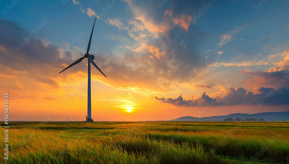 Obraz premium Sunset over a grassy field with a wind turbine in the background