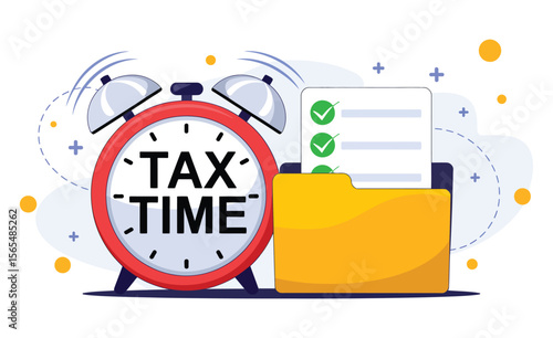 Tax time concept with alarm clock, checklist, and folder illustration representing financial deadline, tax preparation, and compliance urgency
