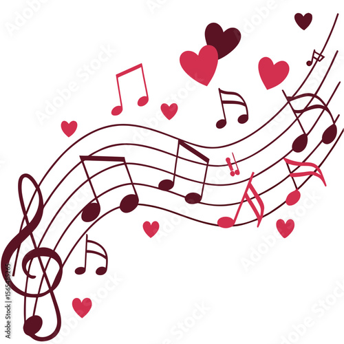 Musical notes and hearts on a white background love melody