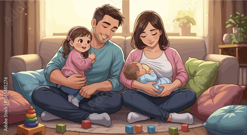 Cartoon family with breastfeeding mother and father holding daughter at home