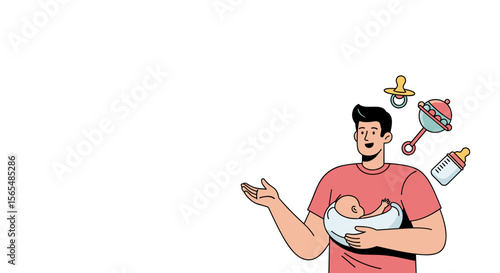 Father holding a newborn, surrounded by baby items against a plain background, with copy space