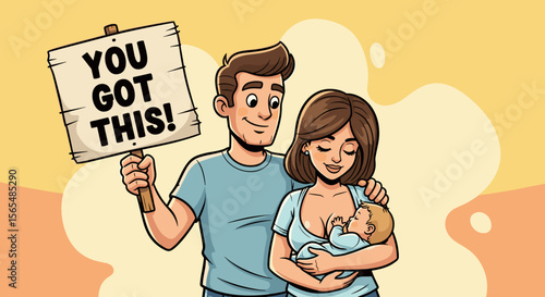 Breastfeeding mother with support, father holding encouraging sign against yellow background, with copy space