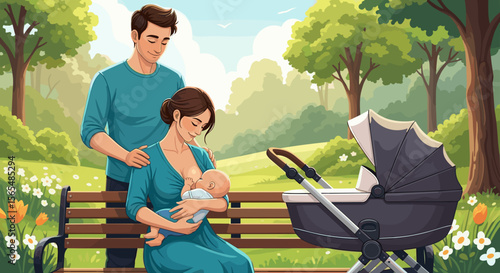 Mother breastfeeding her baby, the father supporting them in a park, illustration