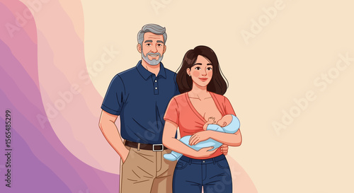 Father and mother with newborn breastfeeding, cartoon illustration with copy space