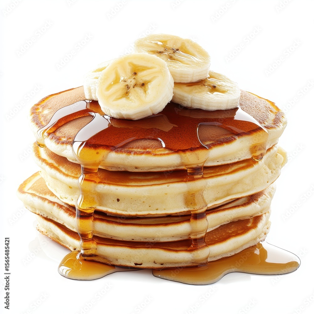 Stack of fluffy pancakes with maple syrup and banana slices, isolated on white background. Stack of fluffy pancakes with maple syrup and banana slices, isolated on white background.