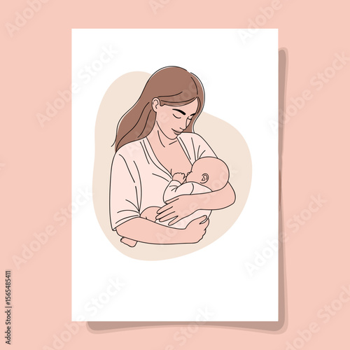 Mother breastfeeding newborn in minimalist line art style, for social media use, with copy space