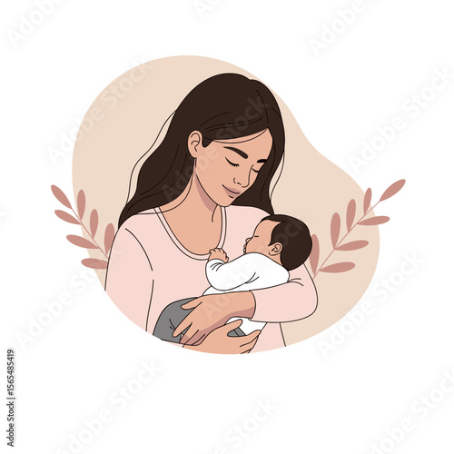 Mother holds sleeping baby in minimalist illustration, for motherhood blogs with copy space