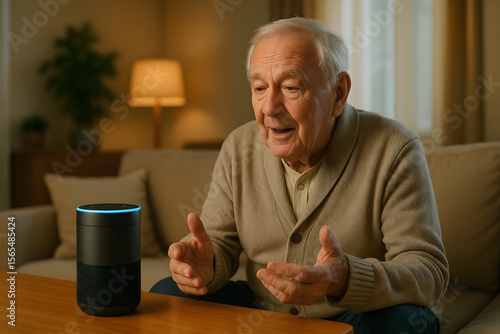 Elderly Man Interacting With Smart Speaker