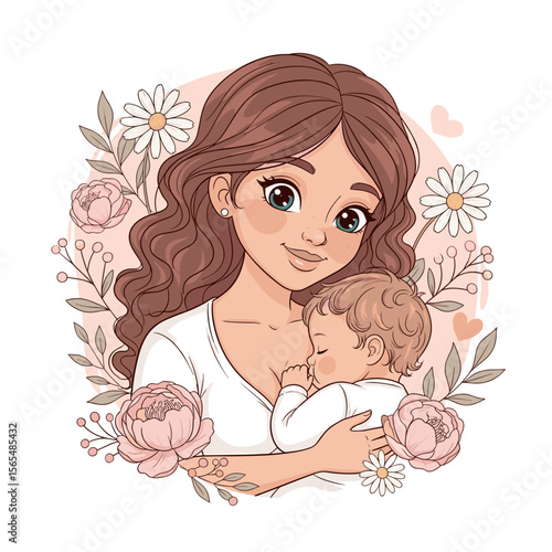 Mother holding baby with floral decoration on a pink background for social media
