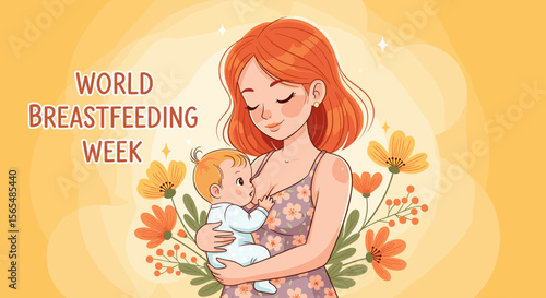 Mother breastfeeding baby during World Breastfeeding Week surrounded by flowers against a golden background
