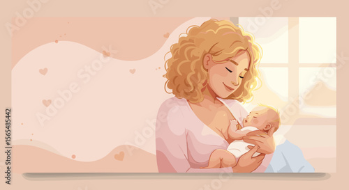 Happy mother breastfeeding newborn with copy space