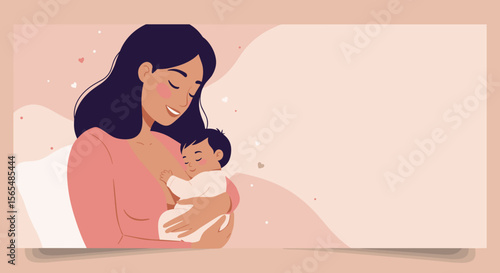 Happy mother breastfeeding newborn baby in soft pastel colors with copy space