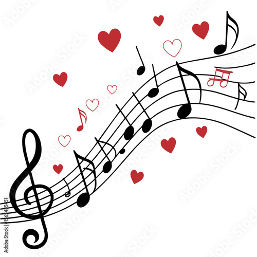 Musical notes and hearts on a white background treble clef