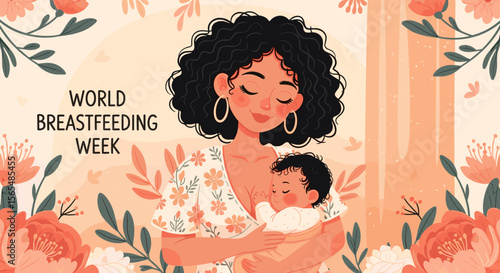 Mother breastfeeding baby during World Breastfeeding Week, floral background, the concept of motherhood
