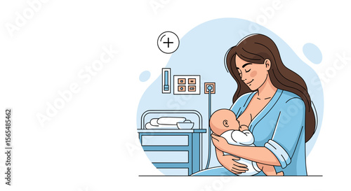 Mother breastfeeding her baby in hospital room illustration, for lactation support with copy space