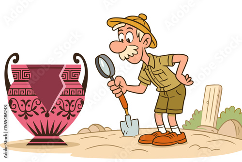 Cartoon archaeologist examining ancient vase with magnifying glass, flat illustration in beige and pink tones, concept for Archaeologist Day
