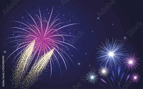 vibrant fireworks illuminating night sky with sparkling bursts and colorful trails, perfect for festive celebrations and joyful events