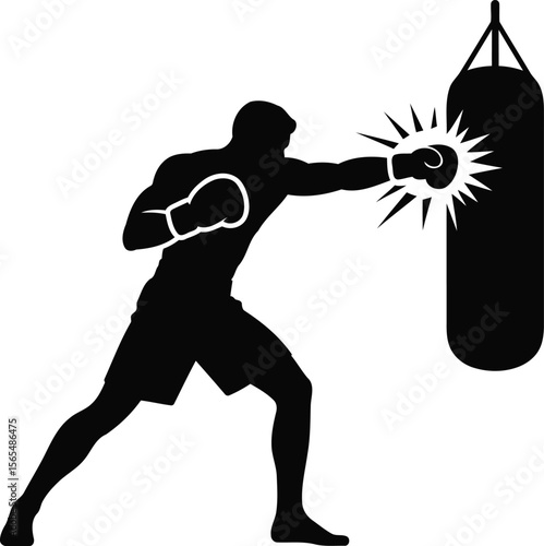 Boxer Hitting Punching Bag Silhouette Vector Design, Transparent Background.