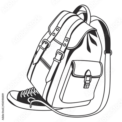 Black outline backpack and sneaker shoes travel