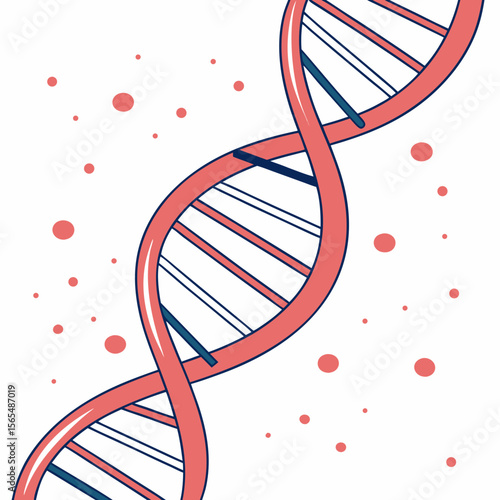 Coral and navy blue helical D N A molecule with scattered red dots helix science