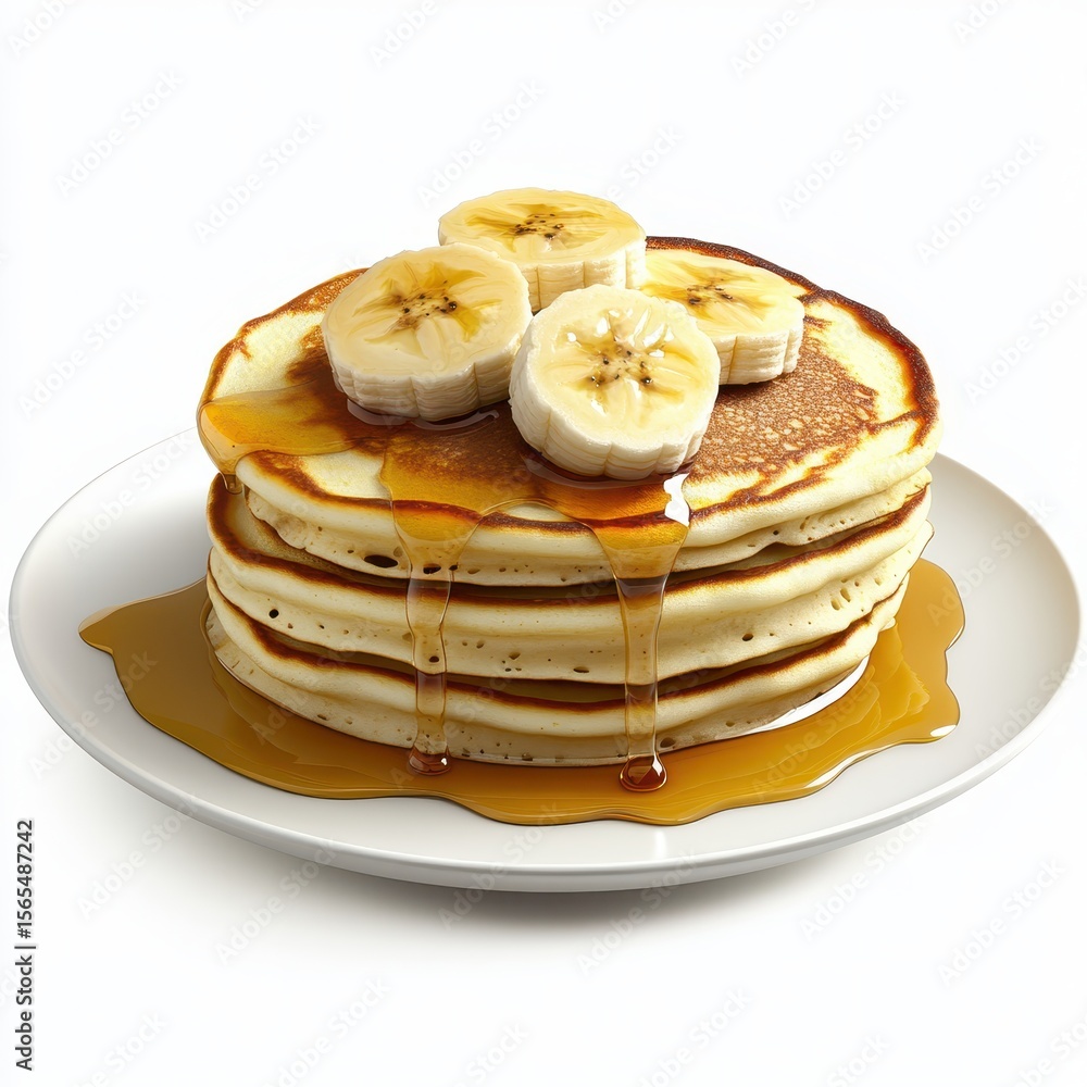 Stack of fluffy pancakes with maple syrup and banana slices, isolated on white background. Stack of fluffy pancakes with maple syrup and banana slices, isolated on white background.