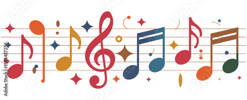 Colorful musical notes and treble clefs on staff lines with stars and dots, perfect for abstract, festive, and artistic music-themed designs