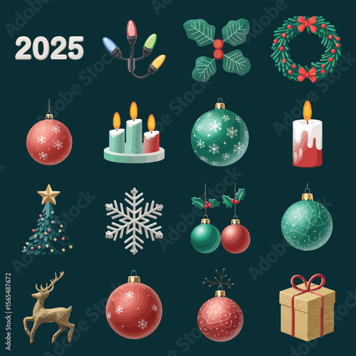 vector Happy New Year Celebrating 2025 in Latin letters , Christmas Decoration Items Santa Claus
