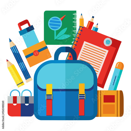 Colorful school supplies and satchel arrangement backpack pencils
