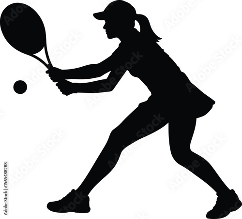 Female Tennis Player Swinging Racket Silhouette Vector Design, Transparent Background.