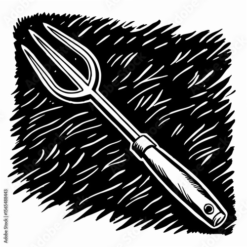 Black and white drawing of a meat fork kitchen utensil cooking