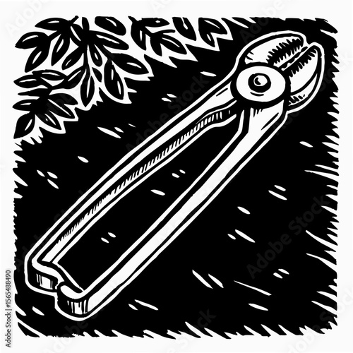 Black and white illustration of pruning shears with leaves gardening tool