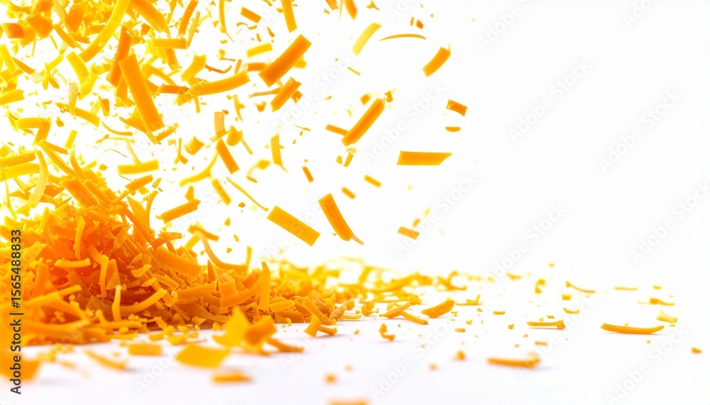 Fototapeta premium A bright image showing falling orange shreds against a white background space