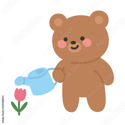 Cute Brown Bear Watering Pink Tulip with Blue Watering Can
