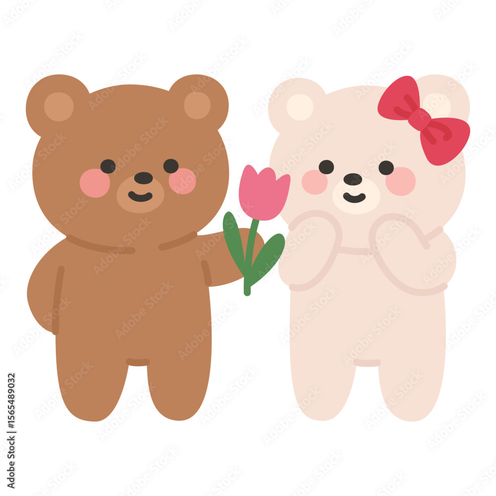 Obraz premium Korean Style Couple Bears with Tulip Flower Vector Illustration