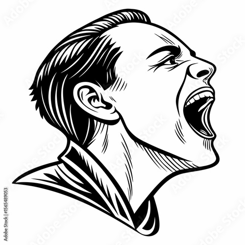Man screaming profile black and white face head