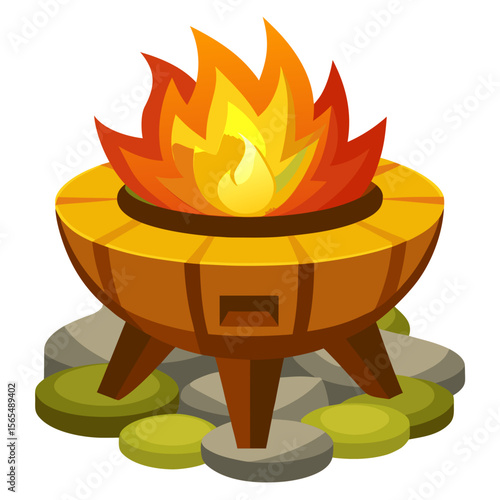 Burning campfire in a rustic brazier surrounded by stones and moss heat warmth