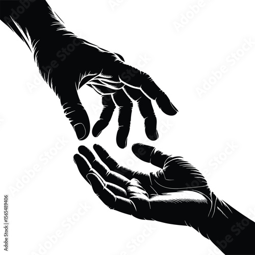 Silhouette of hands reaching out offering support or receiving help against white background
