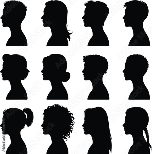 Silhouettes of diverse hairstyles representing various haircuts and hairdos in black and white