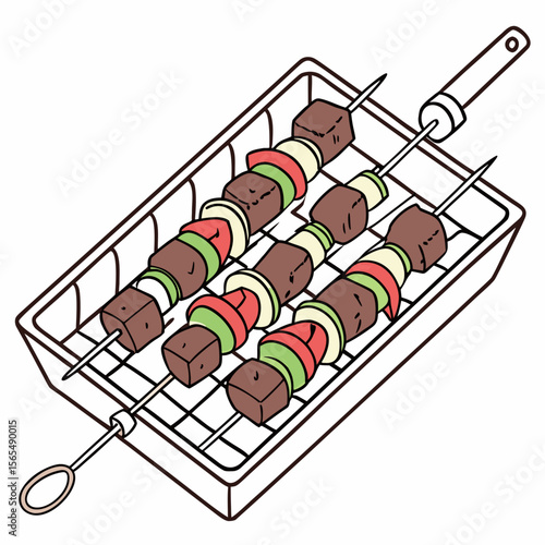 Grilled meat and vegetable skewers on a barbecue rack beef