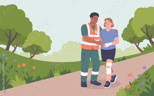 First Aid in Nature Supporting Injured Person in Park