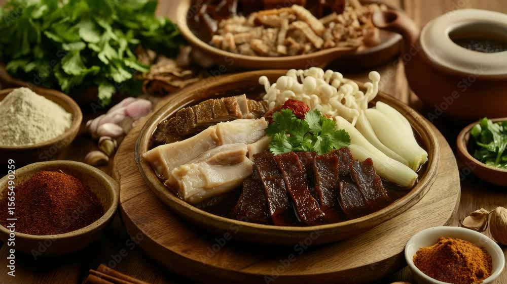 A variety of cooked meats with an assortment of herbs and spices arranged in a wooden serving dish, suggesting a flavorful and hearty cuisine. A variety of cooked meats with an assortment of herbs and spices arranged in a wooden serving dish, suggesting a flavorful and hearty cuisine.