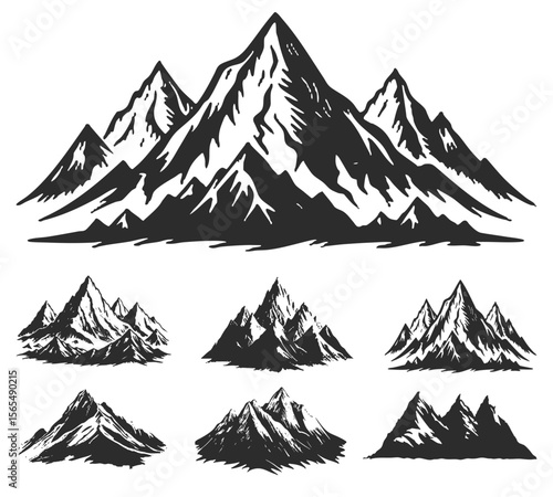 mountain silhouette or vintage hill natural landscape elements for climbing or hiking vector icon. Rocky peaks black and white Mountains ranges.