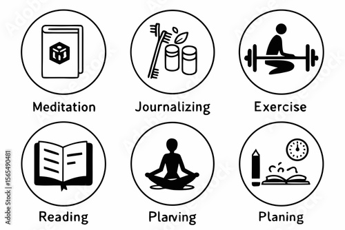 Six black and white icons for selfimprovement isolated on white background