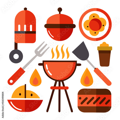 Barbecue Grill Utensils Food Items And Flames cooking