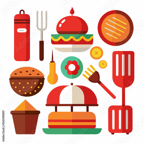 Barbecue grill tools and food items burger