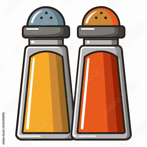 Two glass shakers with grey caps filled with yellow and orange spices salt shaker