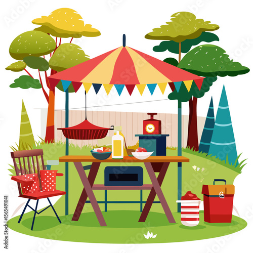 Outdoor picnic setup with barbecue grill and colorful umbrella food