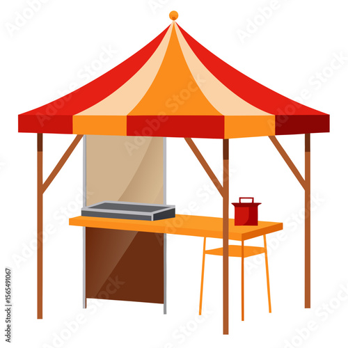 Colorful striped canopy tent with serving counter and stool orange