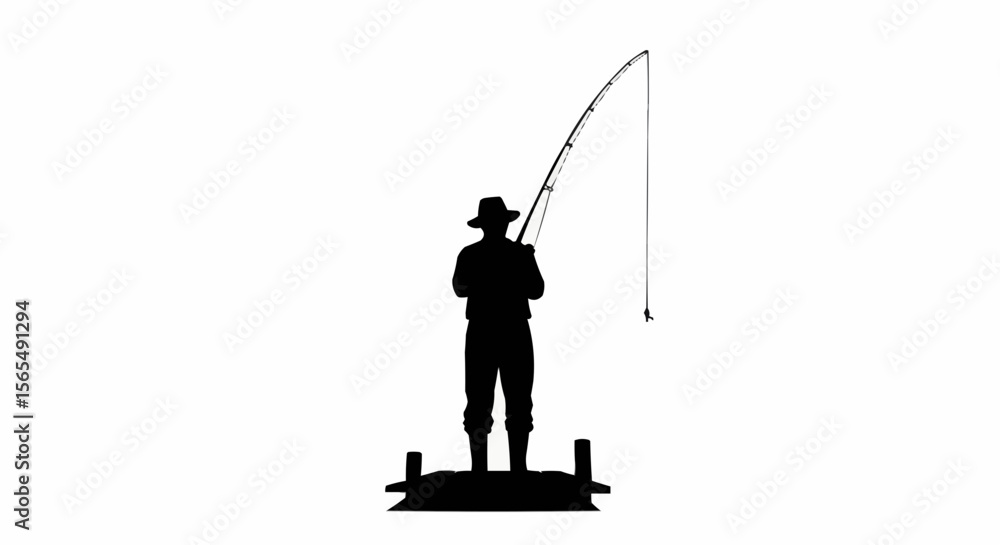 Obraz premium Fishing Person on Dock Vector – Silhouette for Outdoor Recreation, Nature, and Leisure Activity Concepts