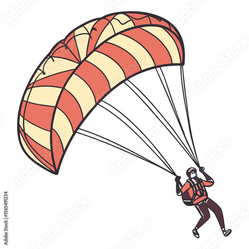 Parachutist descending with striped parachute skydiving extreme sport